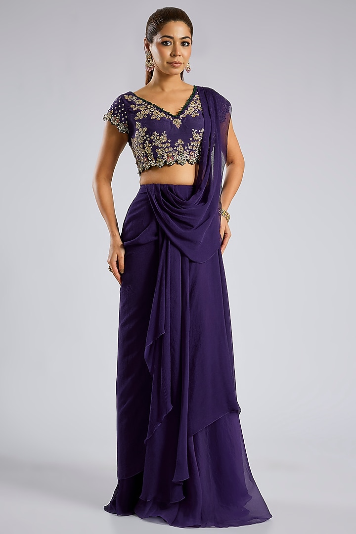 Purple Chiffon Draped Reception Saree Set by Ridhi Mehra at Pernia's Pop Up Shop