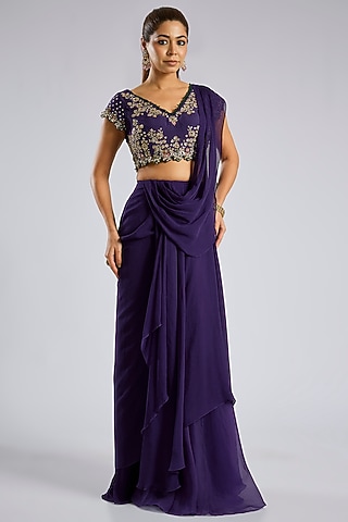 Purple Chiffon Draped Saree Set by Ridhi Mehra