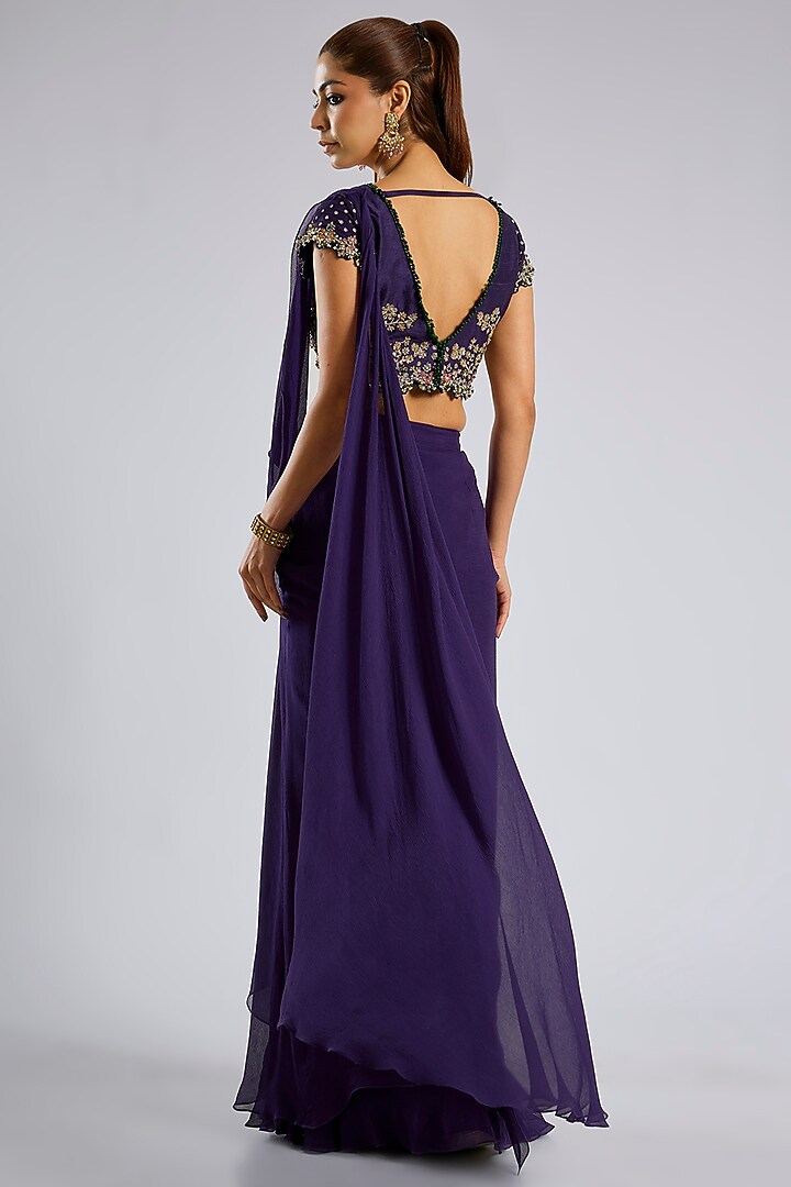 Purple Chiffon Draped Reception Saree Set by Ridhi Mehra at Pernia's Pop Up Shop