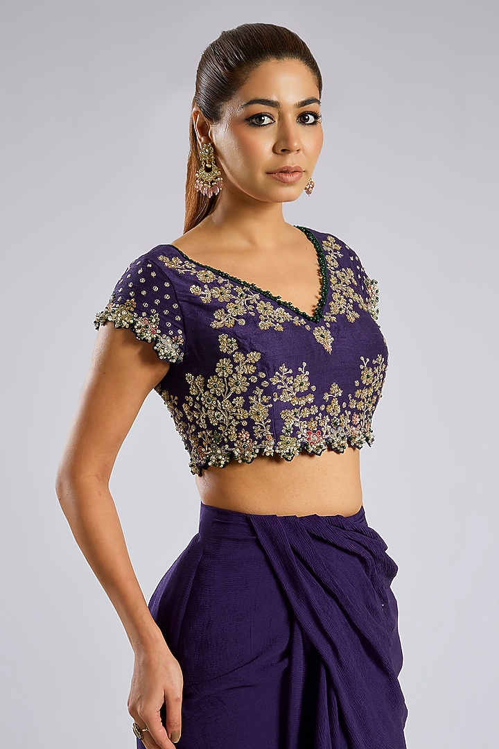Purple Chiffon Draped Reception Saree Set by Ridhi Mehra at Pernia's Pop Up Shop