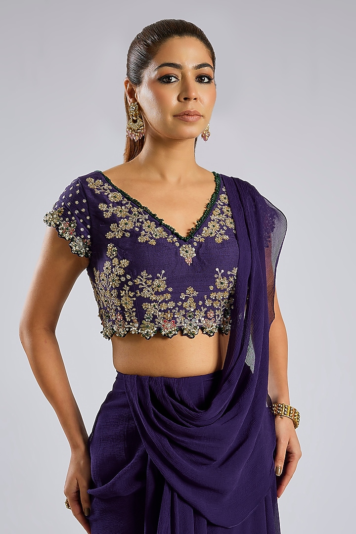 Purple Chiffon Draped Reception Saree Set by Ridhi Mehra at Pernia's Pop Up Shop