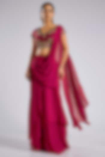 Red Chiffon Draped Reception Saree Set by Ridhi Mehra at Pernia's Pop Up Shop
