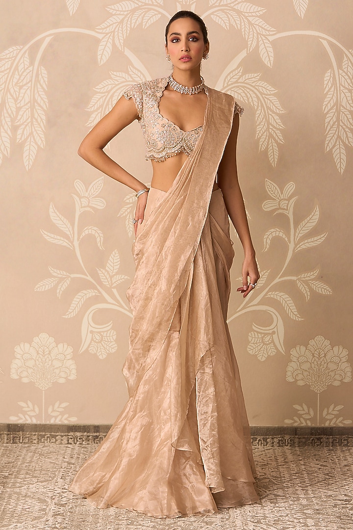 Gunmetal Gold Tissue Draped Skirt Reception Saree Set by Ridhi Mehra at Pernia's Pop Up Shop