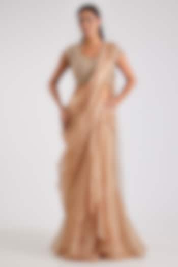 Gunmetal Gold Tissue Draped Skirt Reception Saree Set by Ridhi Mehra at Pernia's Pop Up Shop