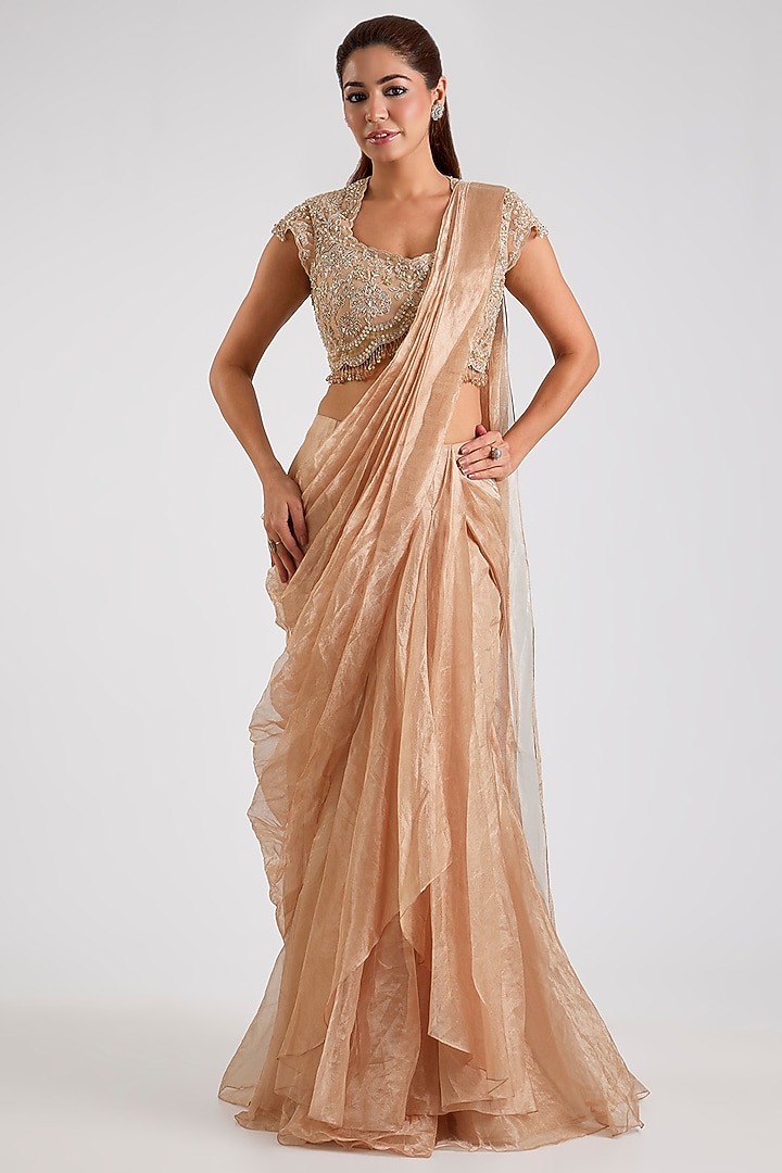 Gunmetal Gold Tissue Draped Skirt Reception Saree Set by Ridhi Mehra at Pernia's Pop Up Shop