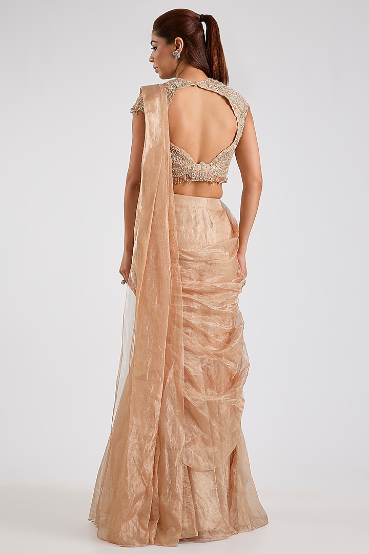 Gunmetal Gold Tissue Draped Skirt Reception Saree Set by Ridhi Mehra at Pernia's Pop Up Shop