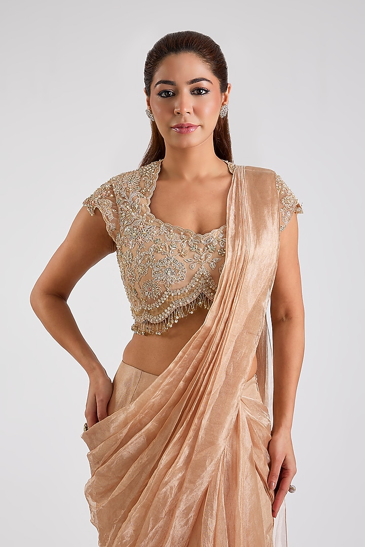 Gunmetal Gold Tissue Draped Skirt Reception Saree Set by Ridhi Mehra at Pernia's Pop Up Shop