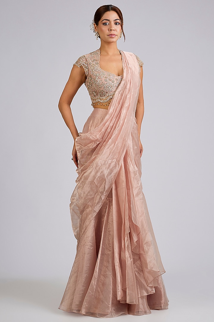 Rose Gold Tissue Draped Stitched Reception Saree Set by Ridhi Mehra at Pernia's Pop Up Shop