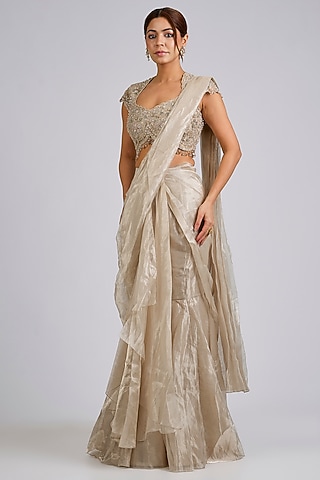 Water Gold Tissue Draped Stitched Saree Set by Ridhi Mehra