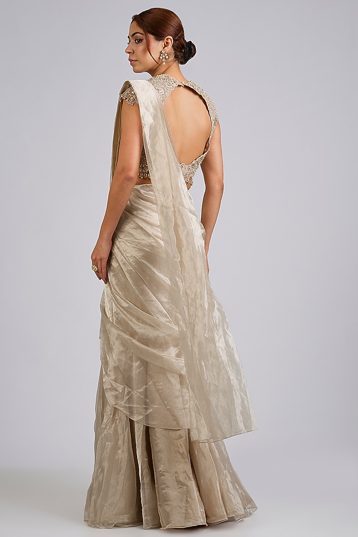 Water Gold Tissue Draped Stitched Reception Saree Set by Ridhi Mehra at Pernia's Pop Up Shop