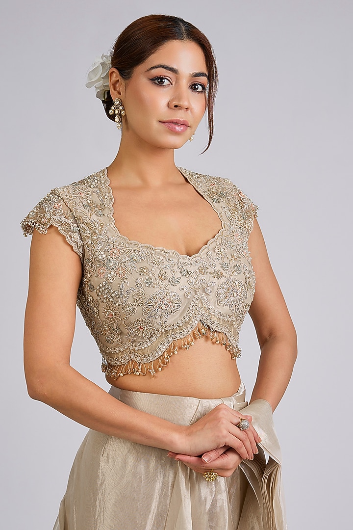 Water Gold Tissue Draped Stitched Reception Saree Set by Ridhi Mehra at Pernia's Pop Up Shop