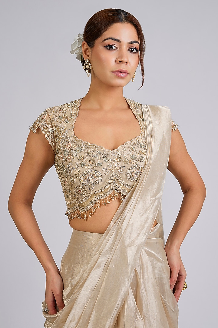 Water Gold Tissue Draped Stitched Reception Saree Set by Ridhi Mehra at Pernia's Pop Up Shop