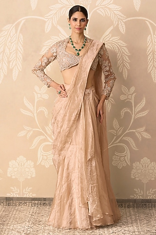 Gunmetal Gold Tissue Draped Skirt Saree Set by Ridhi Mehra