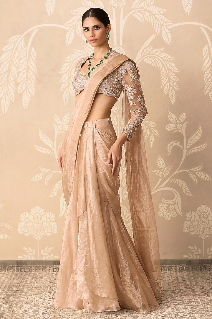 Gunmetal Gold Tissue Draped Skirt Reception Saree Set by Ridhi Mehra at Pernia's Pop Up Shop