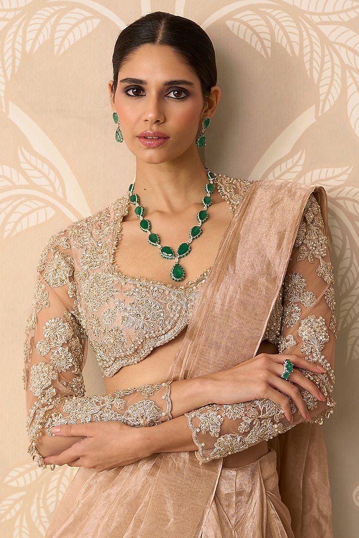Gunmetal Gold Tissue Draped Skirt Reception Saree Set by Ridhi Mehra at Pernia's Pop Up Shop