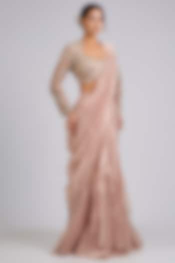 Rose Gold Tissue Draped Stitched Reception Saree Set by Ridhi Mehra at Pernia's Pop Up Shop
