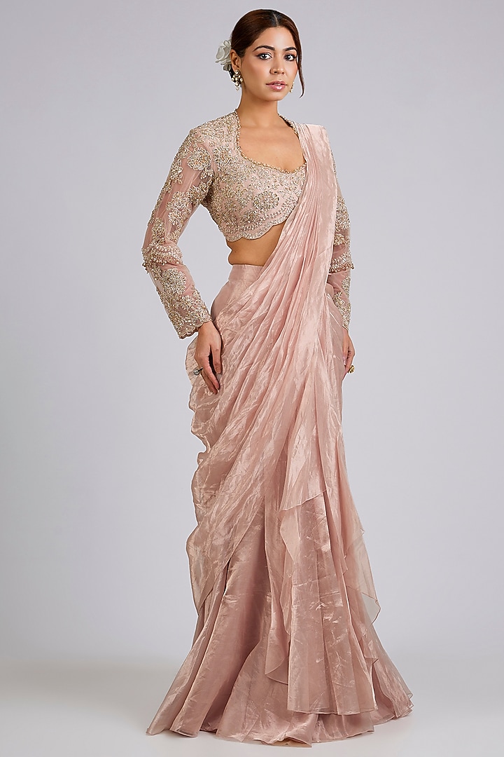 Rose Gold Tissue Draped Stitched Reception Saree Set by Ridhi Mehra at Pernia's Pop Up Shop