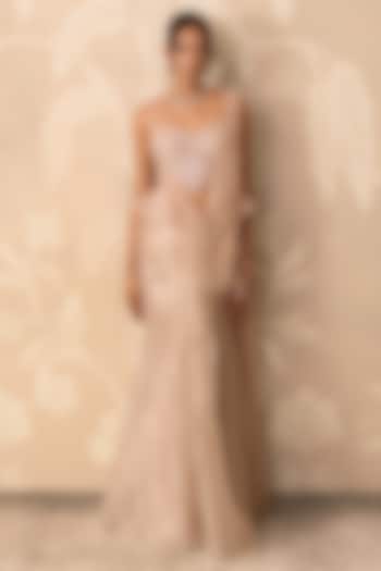 Water Gold Tissue Draped Skirt Reception Saree Set by Ridhi Mehra at Pernia's Pop Up Shop