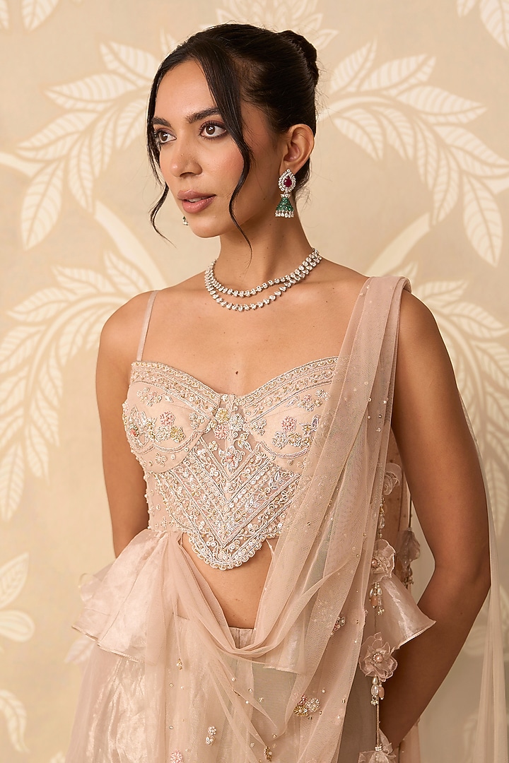 Water Gold Tissue Draped Skirt Reception Saree Set by Ridhi Mehra at Pernia's Pop Up Shop