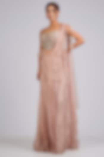Rose Gold Tissue Stitched Skirt Reception Saree Set by Ridhi Mehra at Pernia's Pop Up Shop