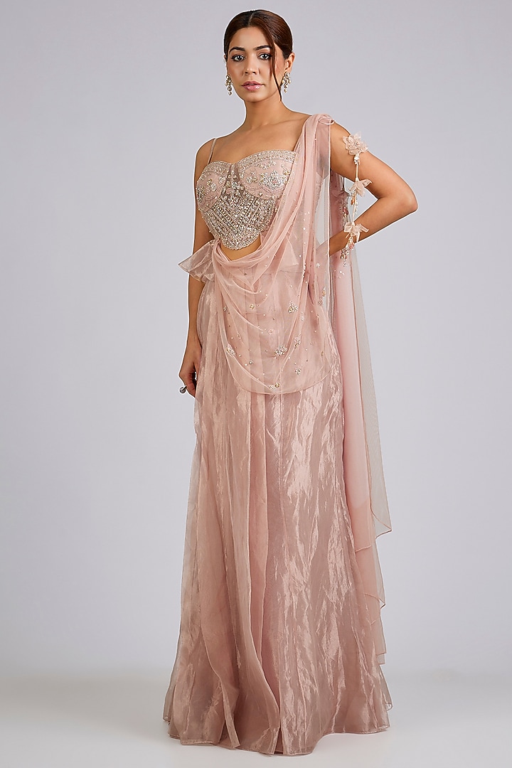 Rose Gold Tissue Stitched Skirt Reception Saree Set by Ridhi Mehra at Pernia's Pop Up Shop