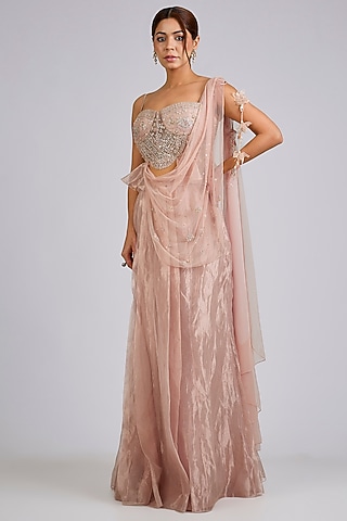 Rose Gold Tissue Stitched Skirt Saree Set by Ridhi Mehra