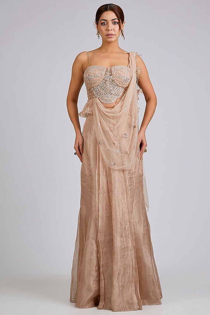 Gunmetal Gold Tissue Stitched Skirt Reception Saree Set by Ridhi Mehra at Pernia's Pop Up Shop