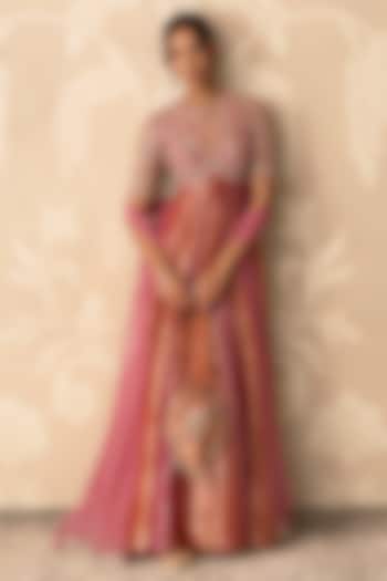 Fuchsia & Orange Tissue Embroidered Bridal Anarkali Set by Ridhi Mehra at Pernia's Pop Up Shop