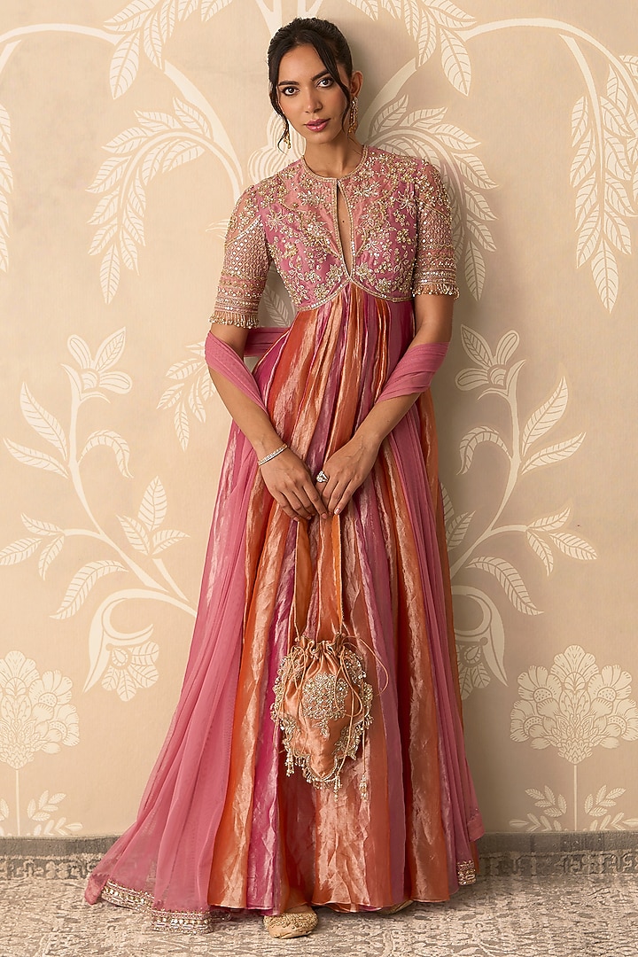 Fuchsia & Orange Tissue Embroidered Bridal Anarkali Set by Ridhi Mehra at Pernia's Pop Up Shop