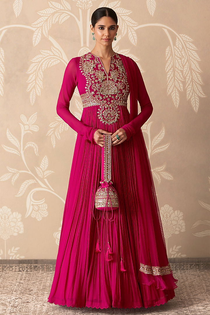 Fuchsia Georgette Embroidered Bridal Anarkali Set by Ridhi Mehra at Pernia's Pop Up Shop