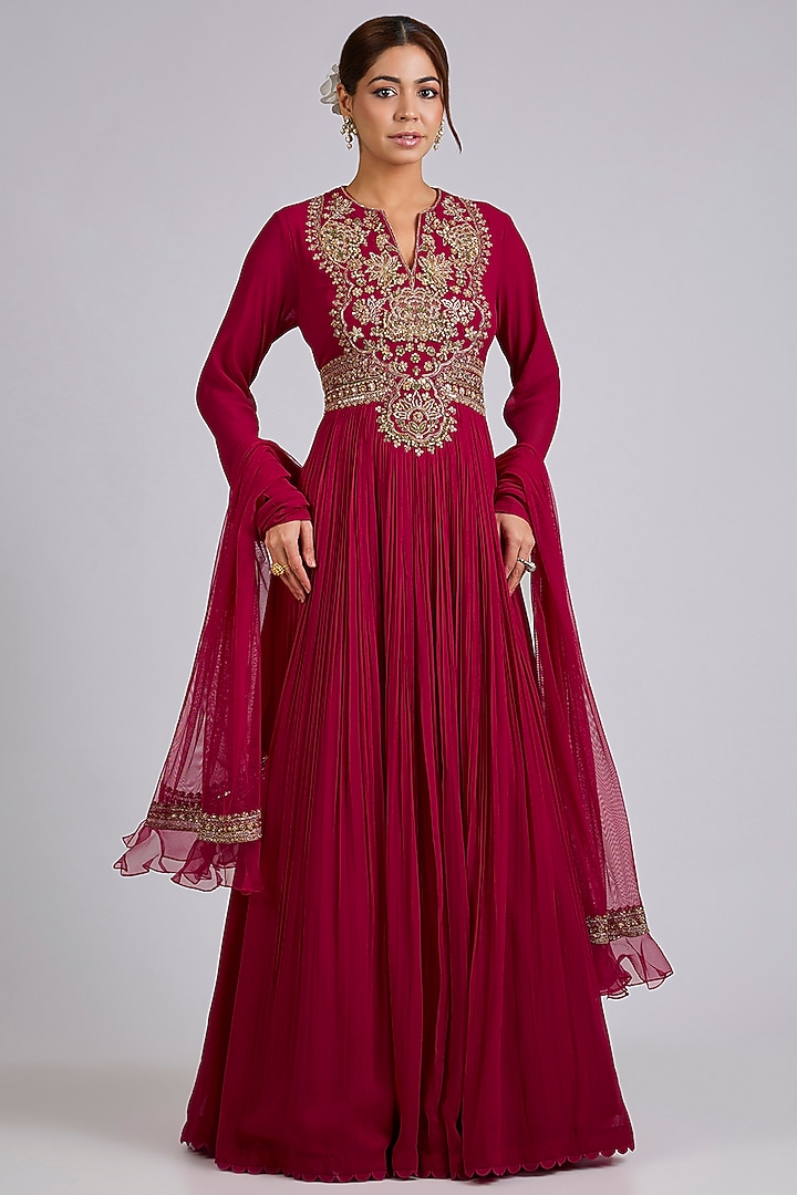 Red Georgette Embroidered Bridal Anarkali Set by Ridhi Mehra at Pernia's Pop Up Shop