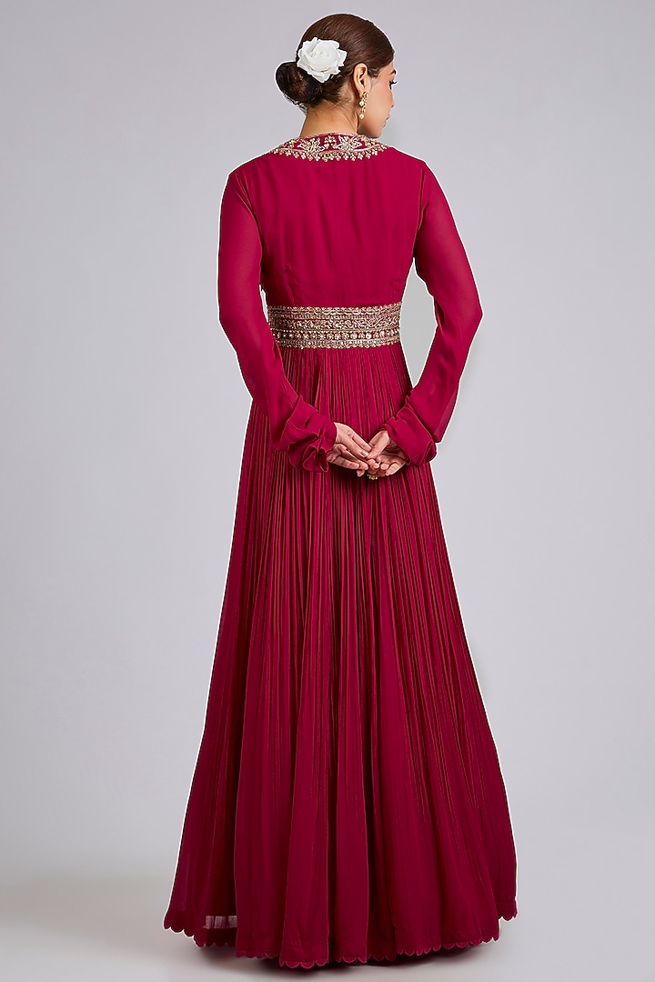 Red Georgette Embroidered Bridal Anarkali Set by Ridhi Mehra at Pernia's Pop Up Shop