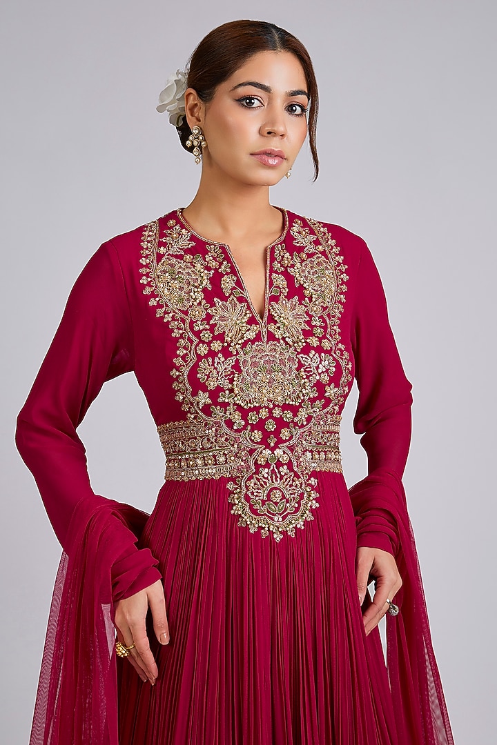 Red Georgette Embroidered Bridal Anarkali Set by Ridhi Mehra at Pernia's Pop Up Shop