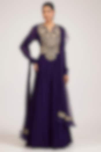 Purple Georgette Embroidered Bridal Anarkali Set by Ridhi Mehra at Pernia's Pop Up Shop
