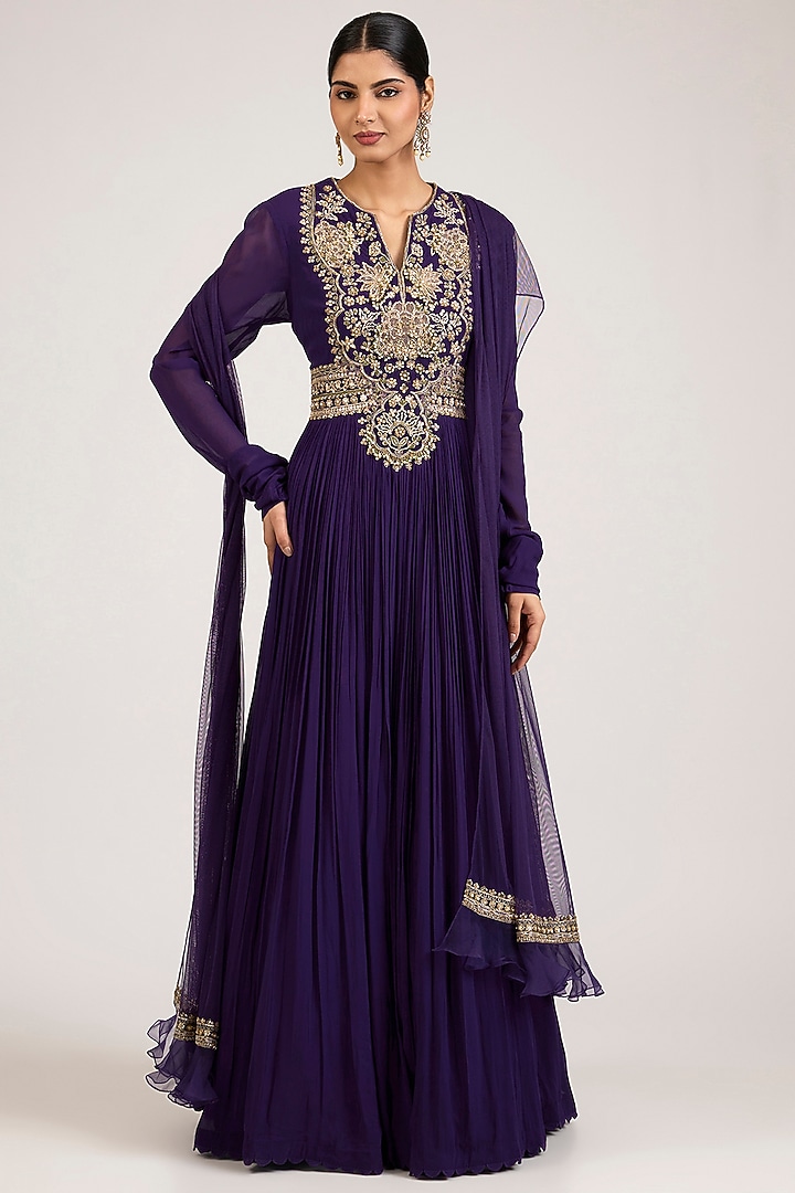 Purple Georgette Embroidered Bridal Anarkali Set by Ridhi Mehra at Pernia's Pop Up Shop