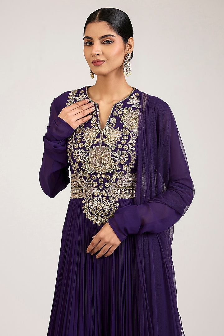 Purple Georgette Embroidered Bridal Anarkali Set by Ridhi Mehra at Pernia's Pop Up Shop