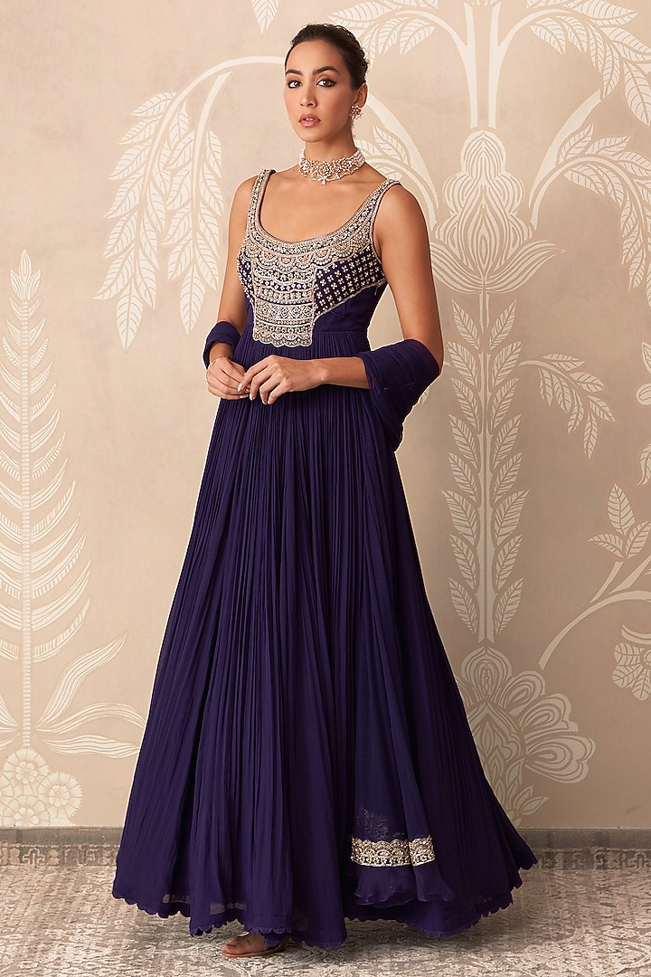 Purple Georgette Embroidered Bridal Anarkali Set by Ridhi Mehra at Pernia's Pop Up Shop