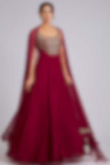 Red Georgette Embroidered Bridal Anarkali Set by Ridhi Mehra at Pernia's Pop Up Shop