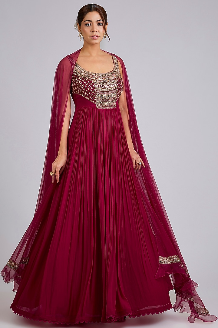 Red Georgette Embroidered Bridal Anarkali Set by Ridhi Mehra at Pernia's Pop Up Shop