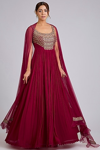 Red Georgette Embroidered Anarkali Set by Ridhi Mehra