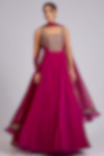 Fuchsia Georgette Embroidered Bridal Anarkali Set by Ridhi Mehra at Pernia's Pop Up Shop