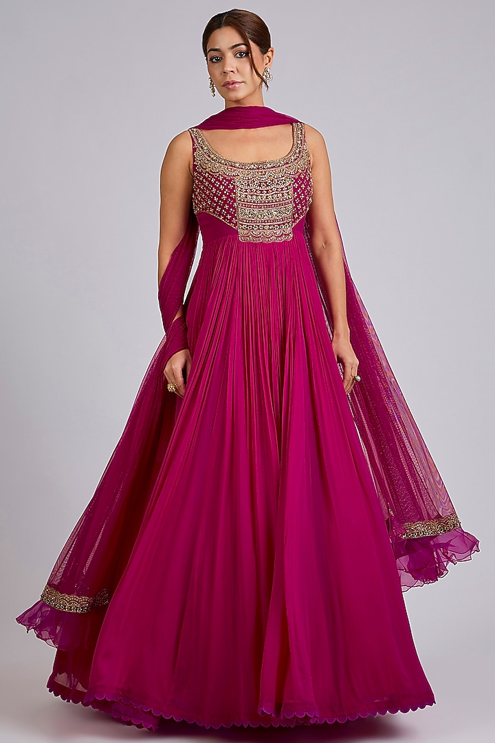Fuchsia Georgette Embroidered Bridal Anarkali Set by Ridhi Mehra at Pernia's Pop Up Shop
