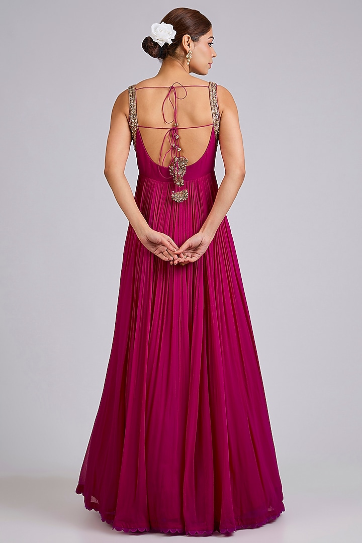 Fuchsia Georgette Embroidered Bridal Anarkali Set by Ridhi Mehra at Pernia's Pop Up Shop