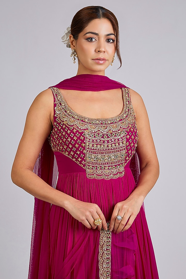Fuchsia Georgette Embroidered Bridal Anarkali Set by Ridhi Mehra at Pernia's Pop Up Shop