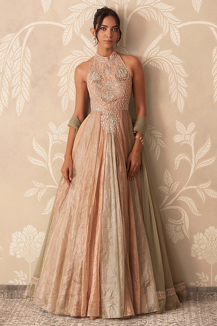 Multi-Colored Kota Tissue Embroidered Bridal Anarkali Set by Ridhi Mehra at Pernia's Pop Up Shop