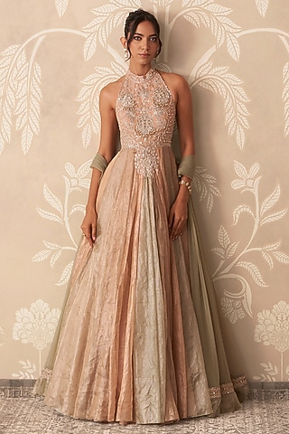 Multi-Colored Kota Tissue Embroidered Anarkali Set by Ridhi Mehra