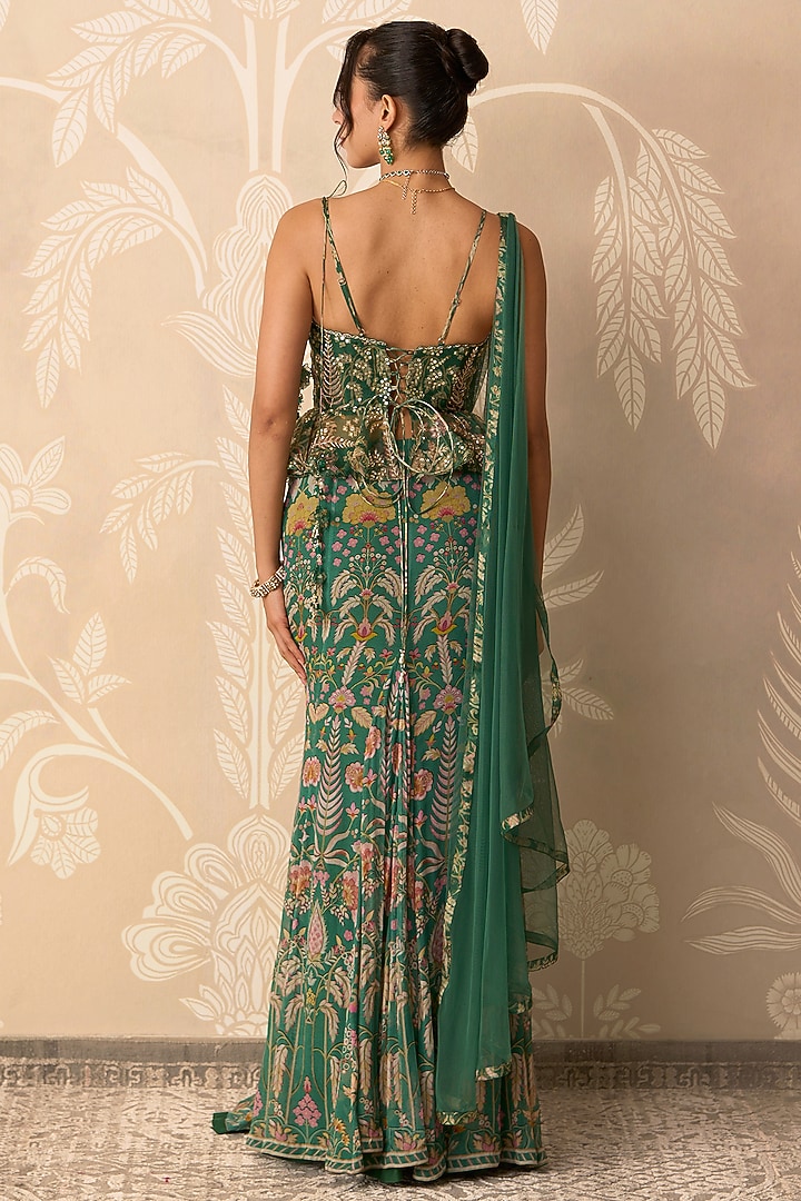 Green Chiffon Printed Draped Skirt Reception Saree Set by Ridhi Mehra at Pernia's Pop Up Shop