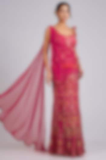 Fuchsia Chiffon Printed Skirt Reception Saree Set by Ridhi Mehra at Pernia's Pop Up Shop