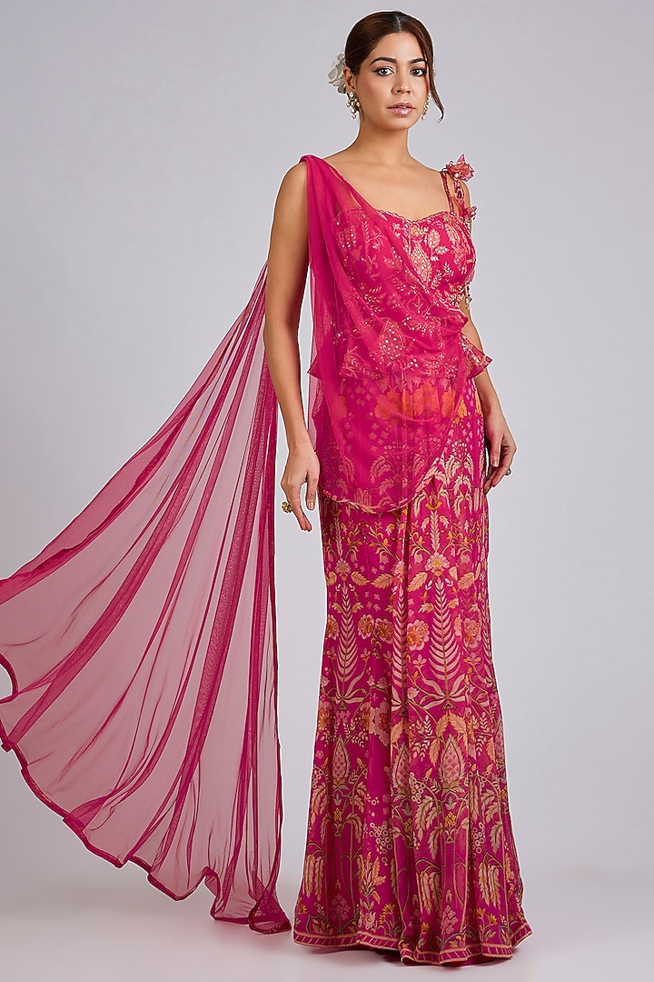 Fuchsia Chiffon Printed Skirt Reception Saree Set by Ridhi Mehra at Pernia's Pop Up Shop