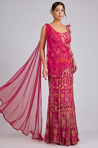Fuchsia Chiffon Printed Skirt Saree Set by Ridhi Mehra